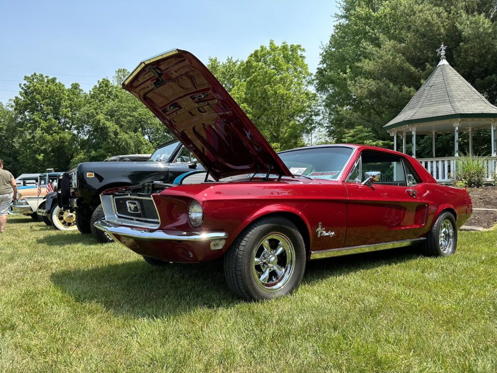 red 1968 Ford Mustang, cars and coffee